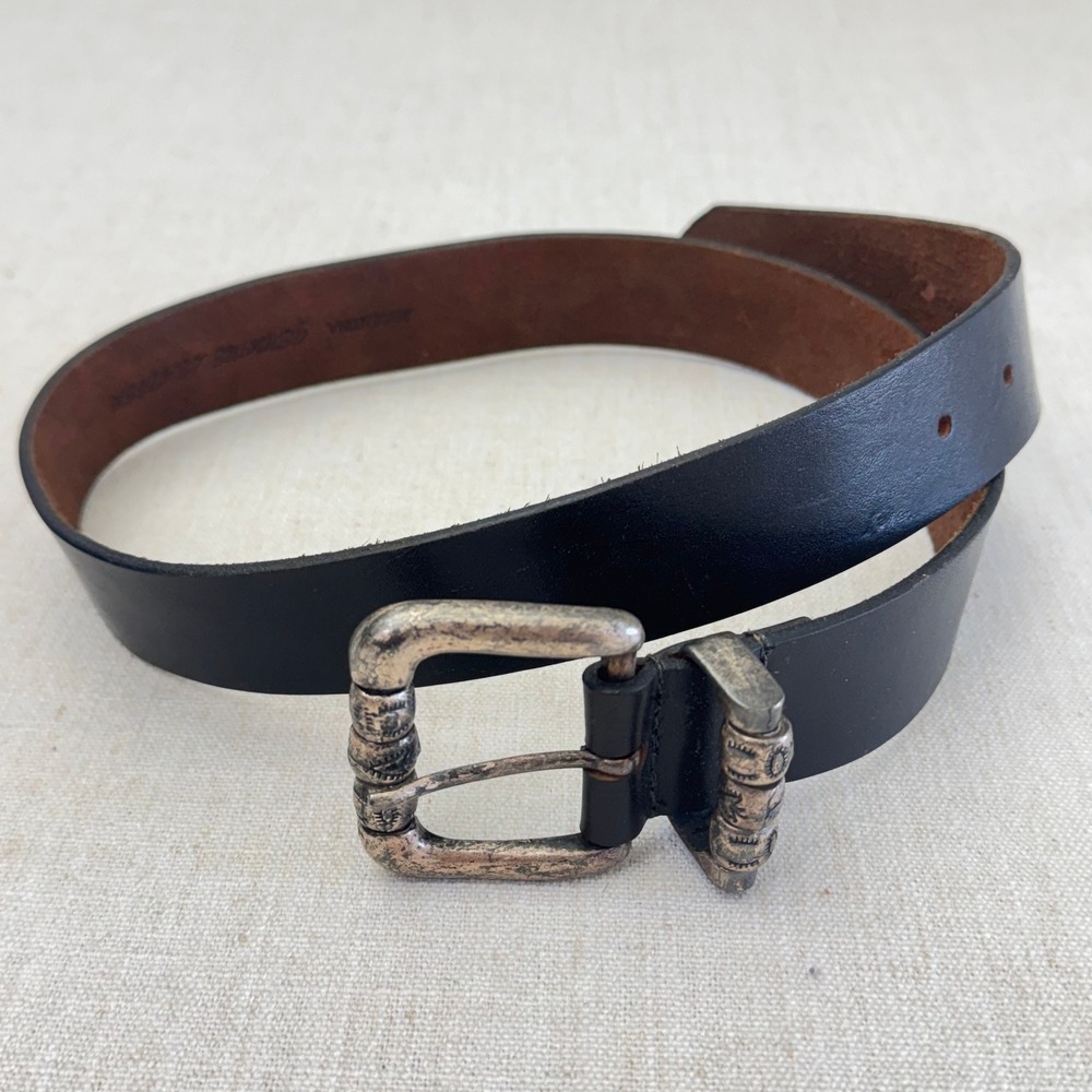 Argentina Genuine Leather Southwestern Stamped Bead Buckle Belt Black Women